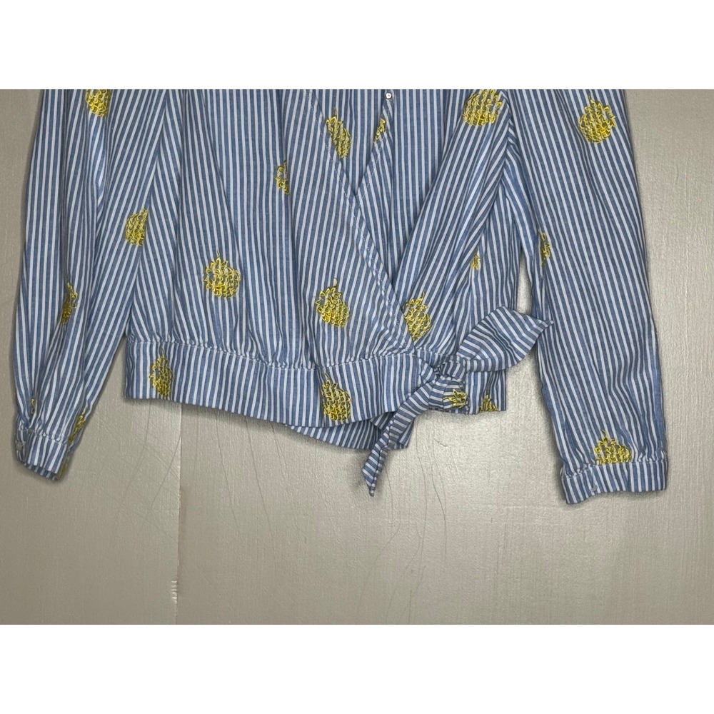 J.Crew Blue White Striped Pineapple Embroidered Wrap Tie Blouse Top Mens Medium - Picture 4 of 10